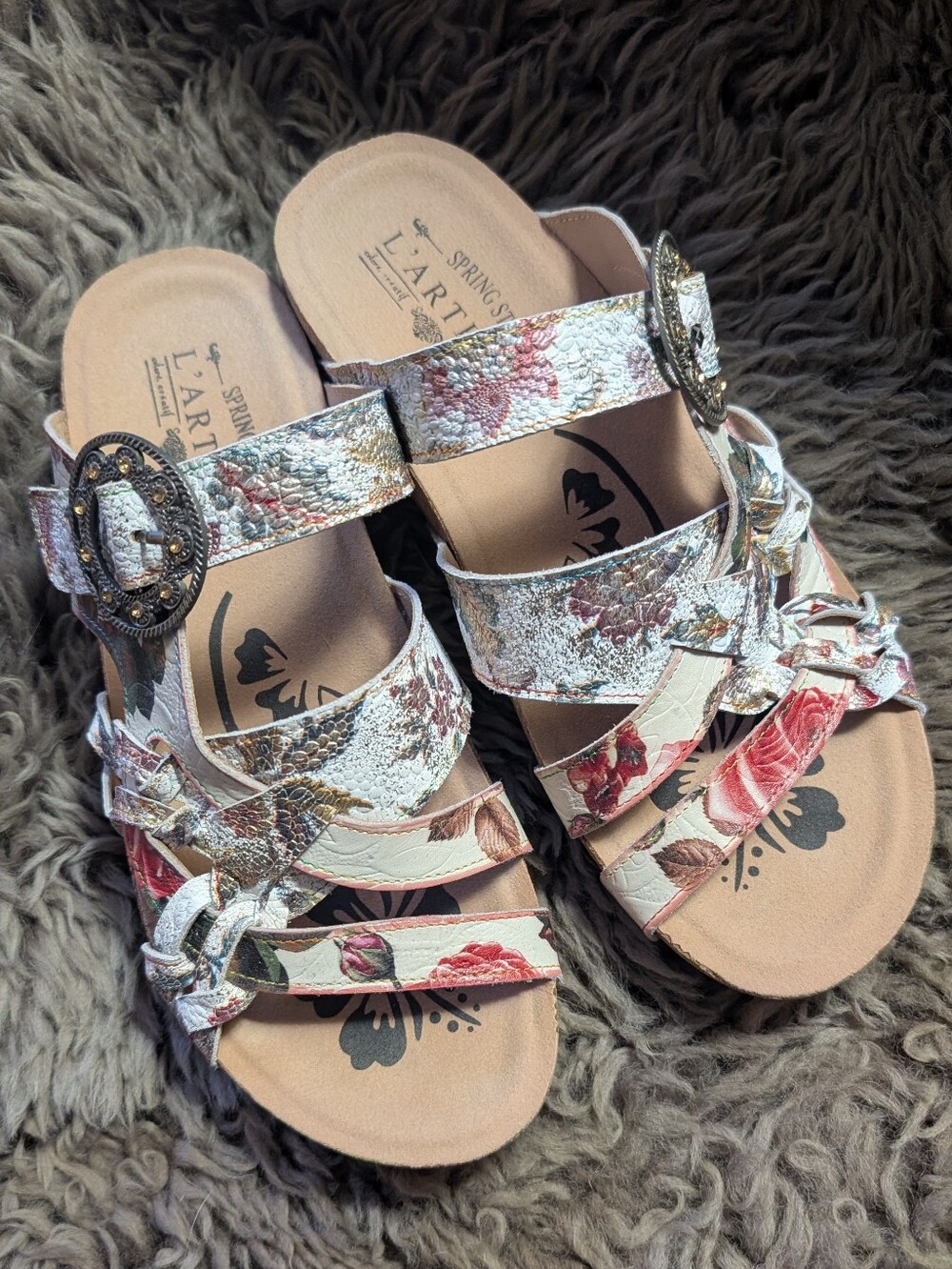 L'ARTISTE Spring Step Pink White  Floral Cork-Platform Slide Sandals Sz 39